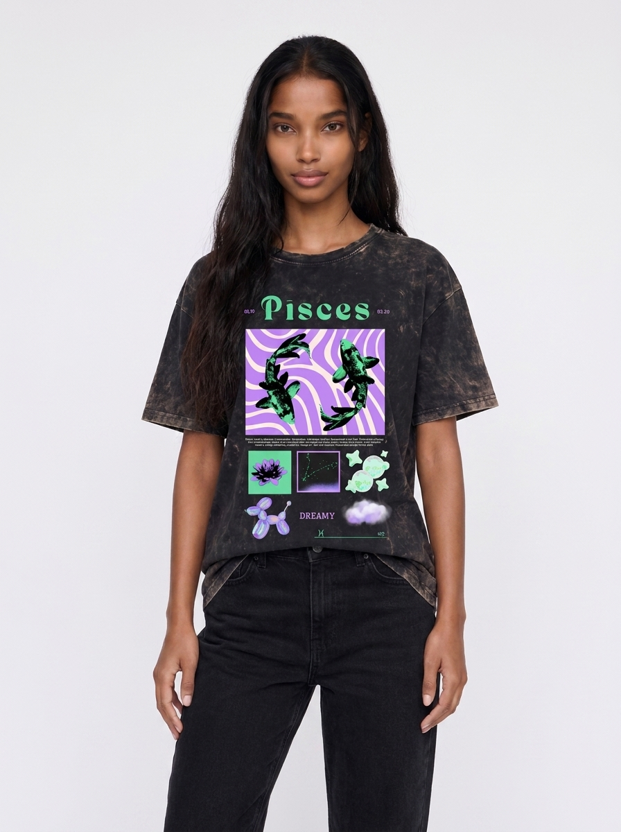 Pisces Acid Wash Boxy Oversized Cotton T-Shirt