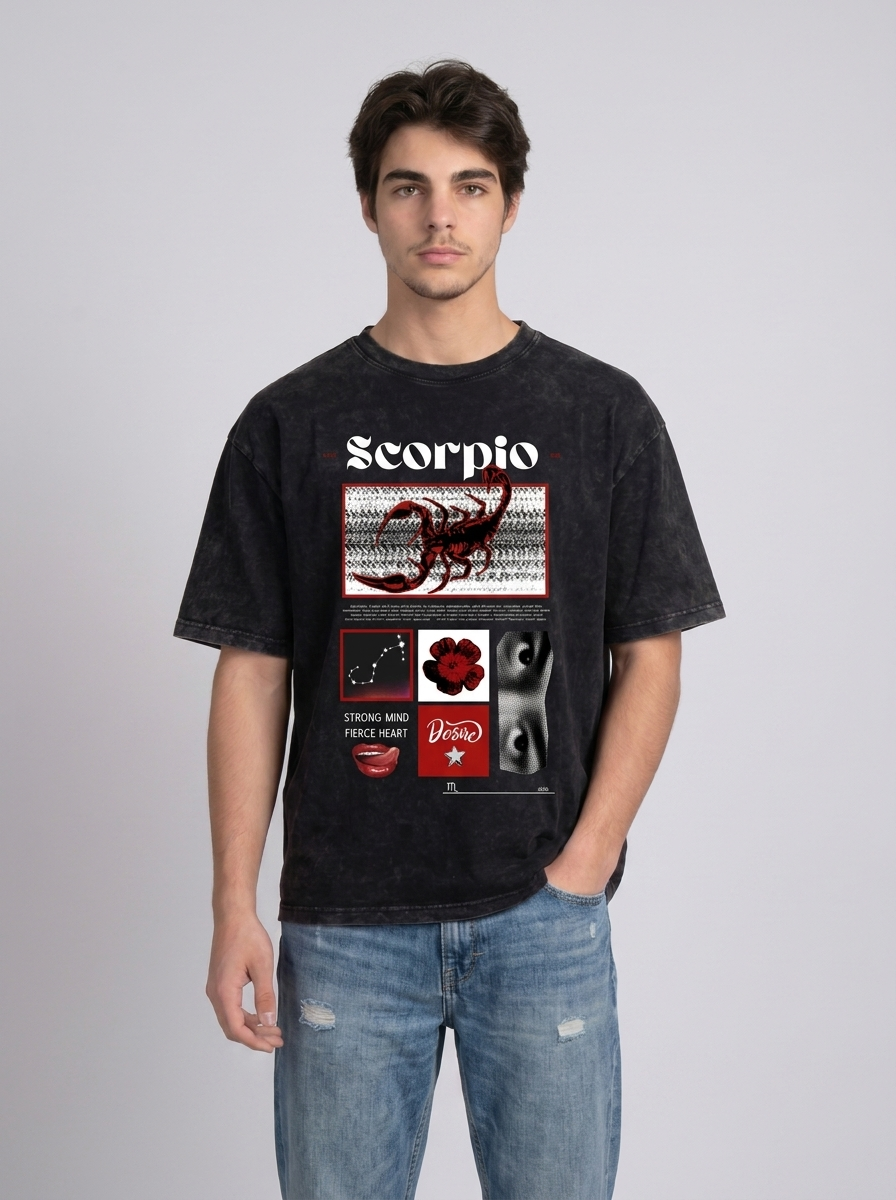 Scorpio Acid Wash Boxy Oversized Cotton T-Shirt