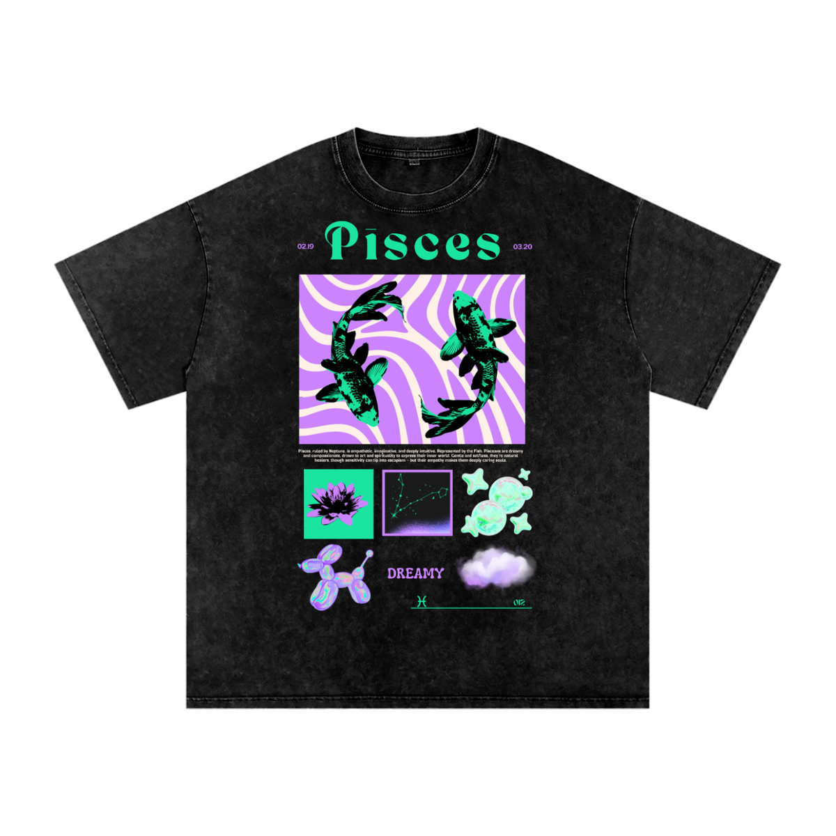 Pisces Acid Wash Boxy Oversized Cotton T-Shirt