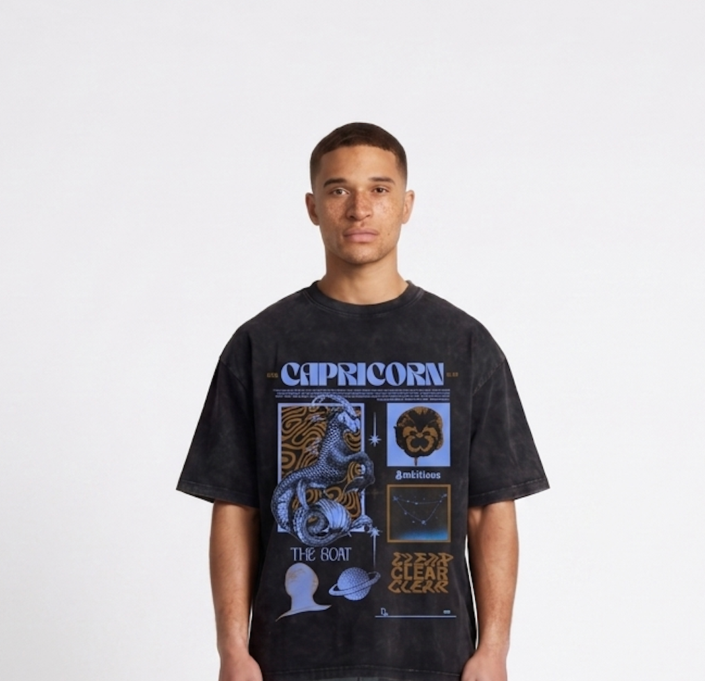 Capricorn Acid Wash Boxy Oversized Cotton T-Shirt