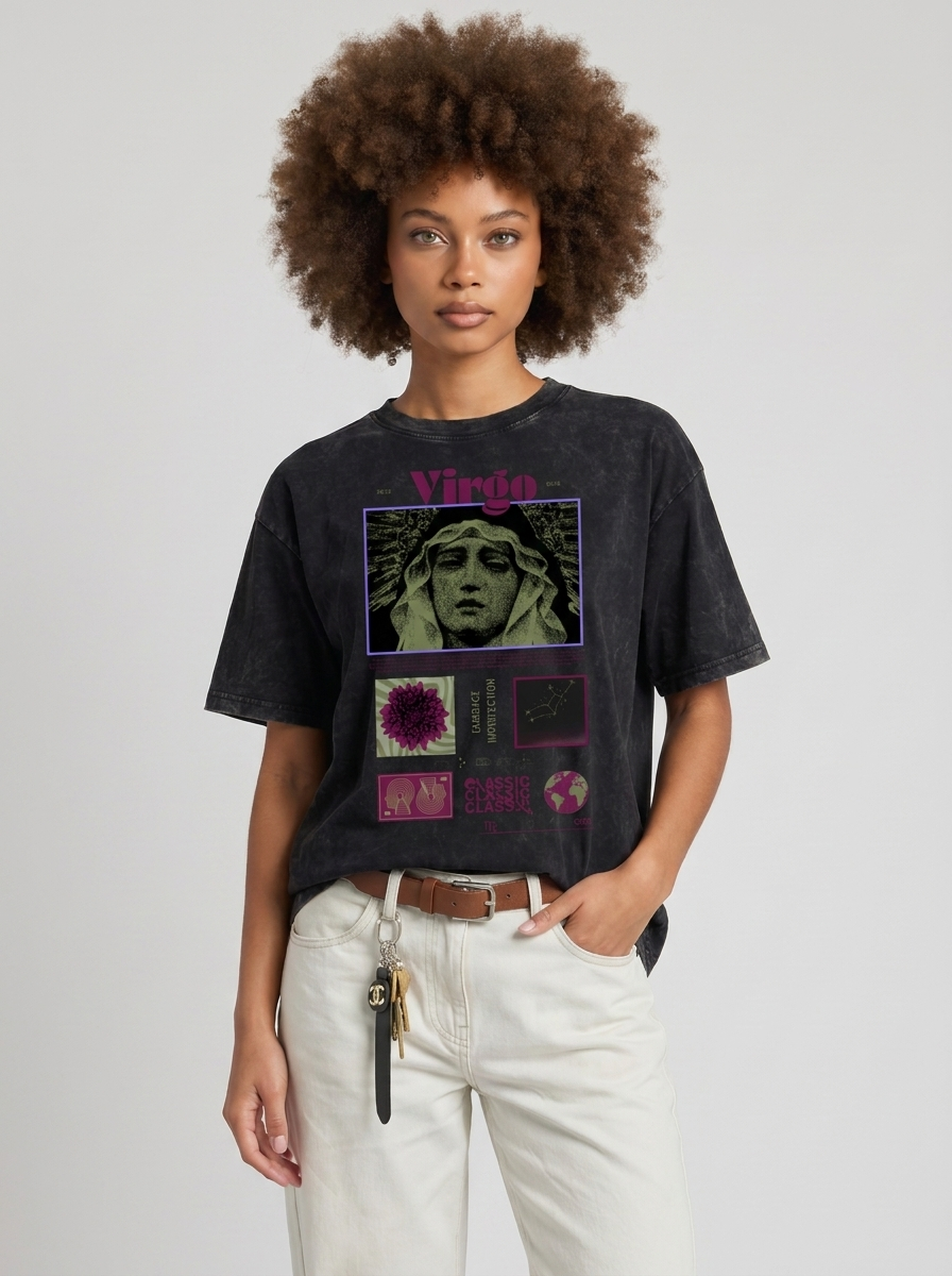 Virgo Acid Wash Boxy Oversized Cotton T-Shirt