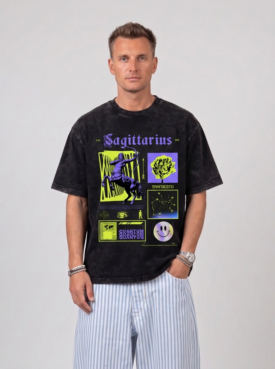 Sagittarius Acid Wash Boxy Oversized Cotton T-Shirt